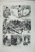 Original Old Antique Print 1880 Ireland Army Men Country Farmer Horse Coach