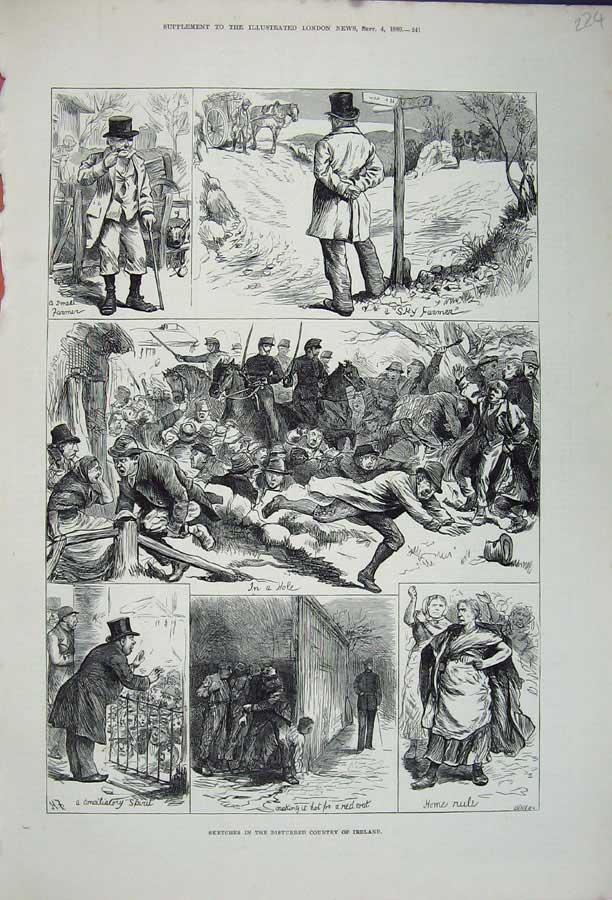 Original Old Antique Print 1880 Ireland Army Men Country Farmer Horse Coach