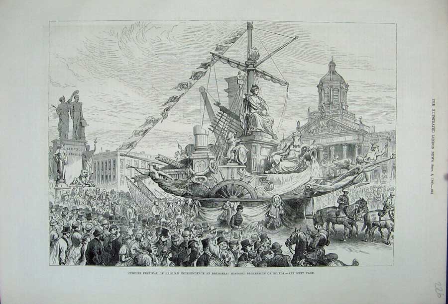 Old Antique Print 1880 Jubilee Festival Belgian Brussels Procession Guild 19th