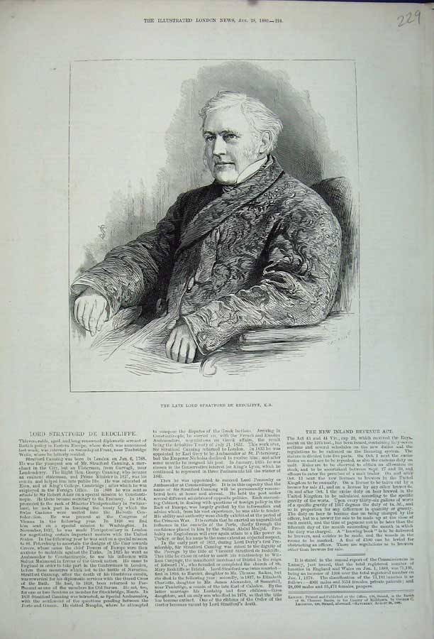 Old Antique Print 1880 Portrait Lord Stratford De Redcliffe Diplomat Man 19th