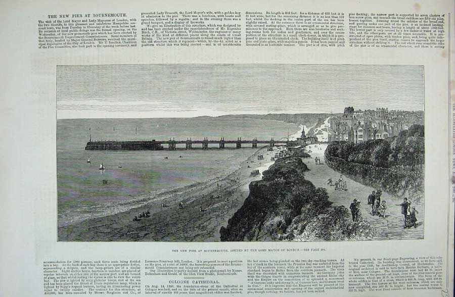 Old Antique Print 1880 New Pier Bournemouth Lord Mayor London Boats Art 19th