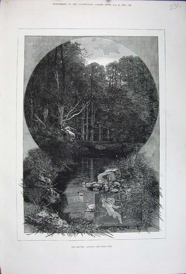 Old Antique Print 1880 Country Scene August Trees Lake Montbard Fine Art 19th