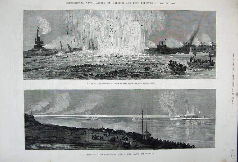 Old Antique Print 1880 Naval Attack Harbour Fort Portsmouth Submarine Art 19th