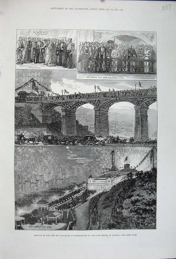 Old Antique Print 1880 Spa Buildings Scarborough Lord Mayor London Bridge 19th