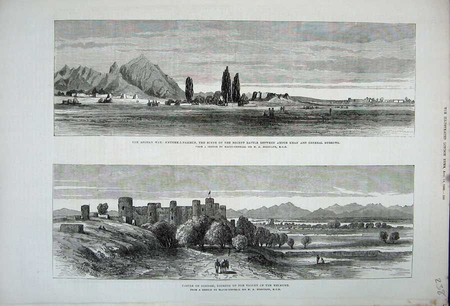 Old Antique Print 1880 Castle Girishk Valley Helmund Afghan War Burrows 19th