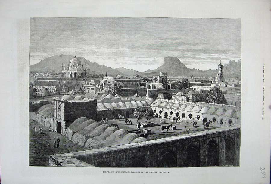 Old Antique Print 1880 War Afghanistan Interior Citadel Candahar Horses 19th