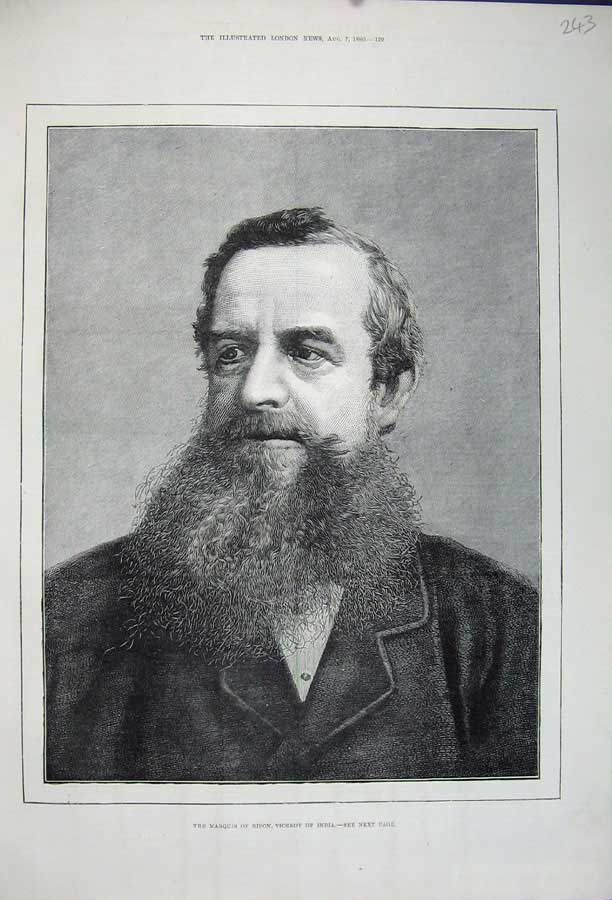 Old Antique Print 1880 Portrait Marquis Ripon Viceroy India Man War Art 19th