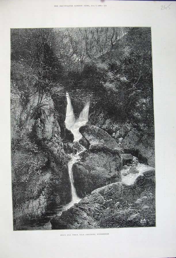 Old Antique Print 1880 Stock Gill Force Ambleside Windermere Water Falls 19th
