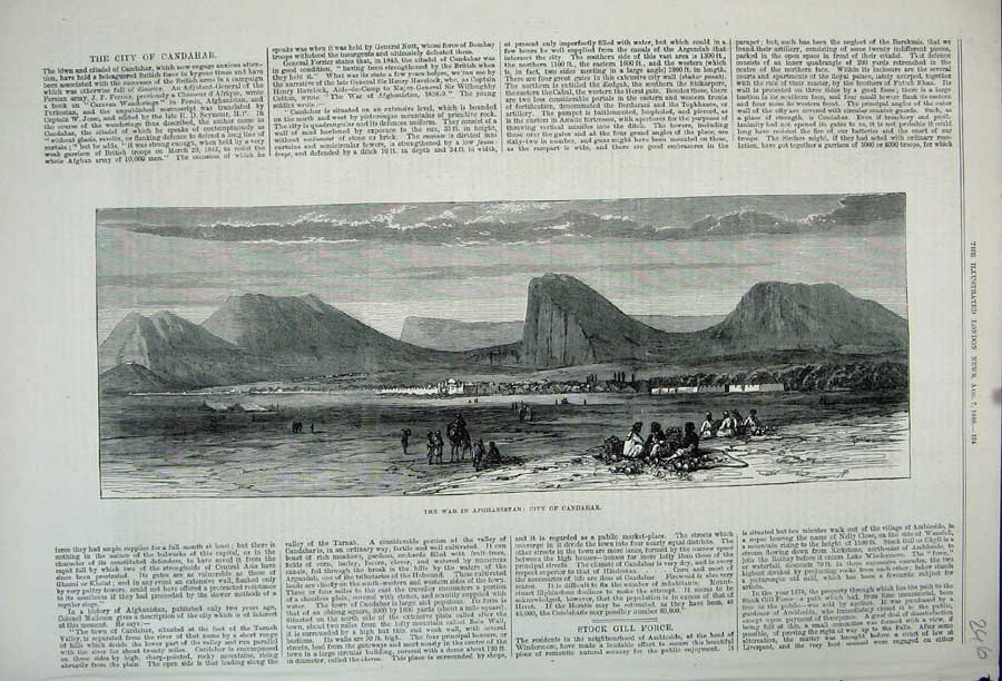 Original Old Antique Print 1880 War Afghanistan City Candahar Mountain Fine Art