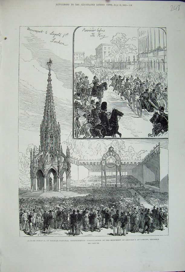 Original Old Antique Print 1880 Jubilee Festival Belgian Monument LeopBrussels