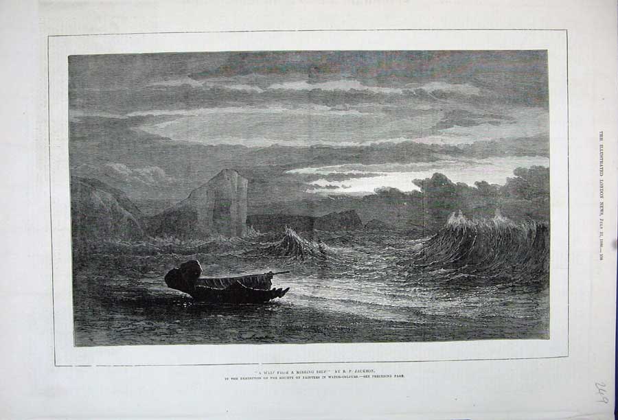 Old Antique Print 1880 Fine Art Stormy Sea Cliffs Wreck Ship Boat Jackson 19th