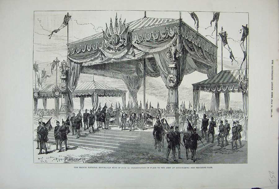 Old Antique Print 1880 French Republican Fete Flags Army Longchamps War 19th