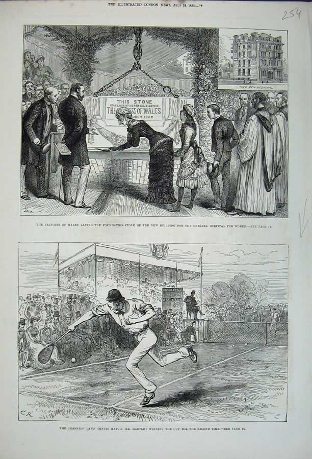 Original Old Antique Print Tennis Hartley 1880 Princess Wales Chelsea Hospital