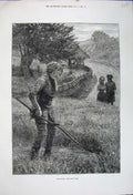Old Antique Print 1880 Country Scene Farmer Man Scythe Hay Mower Fine Art 19th