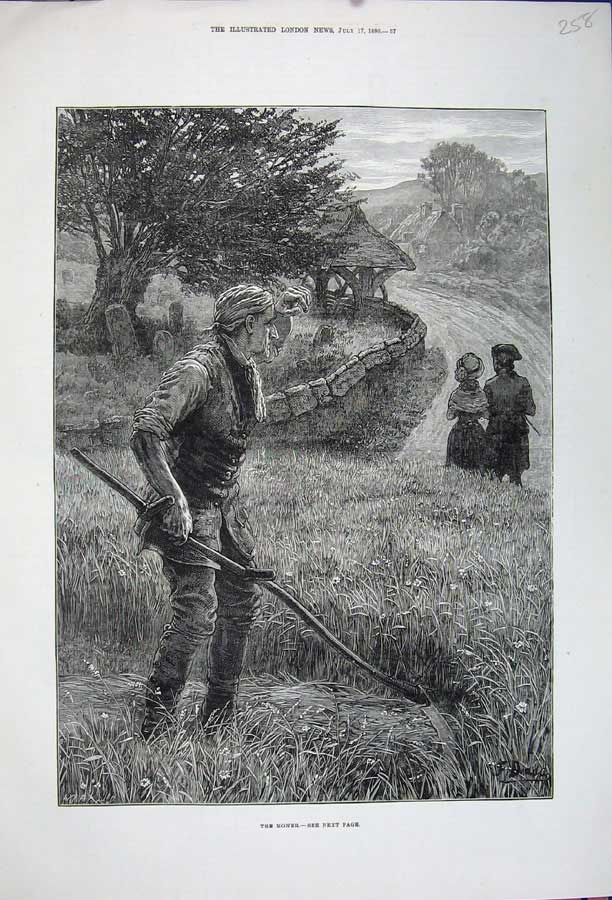 Old Antique Print 1880 Country Scene Farmer Man Scythe Hay Mower Fine Art 19th