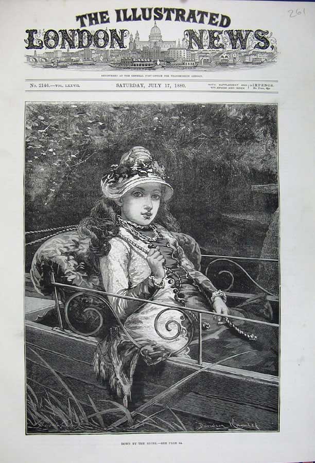 Original Old Antique Print 1880 Fine Art Beautiful Youn Girl River Boat Knowles