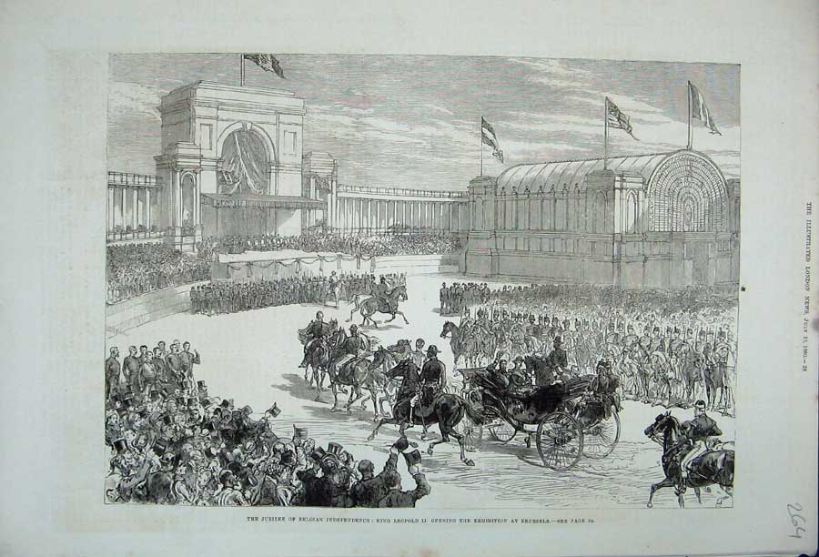 Original Old Antique Print 1880 Jubilee Belgian King LeopExhibition Brussels