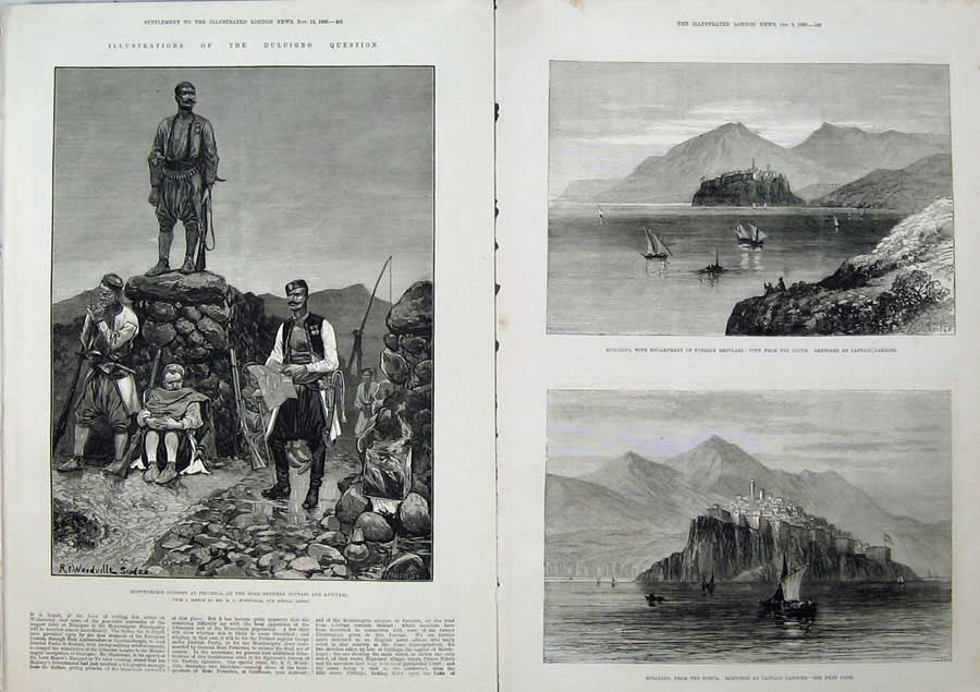 Old Antique Print 1880 Montenegro Pecorica War Dulcigno Ship Gambier Art 19th