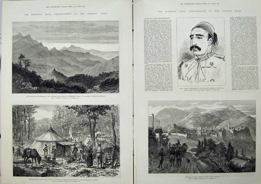 Old Antique Print Adriatic Coast 1880 Montenegro Riza Pasha Antivari War 19th
