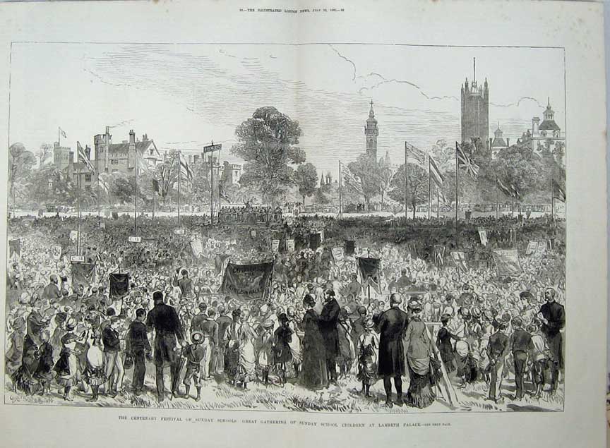 Original Old Antique Print 1880 Sunday School Festival Lambeth Palace Children
