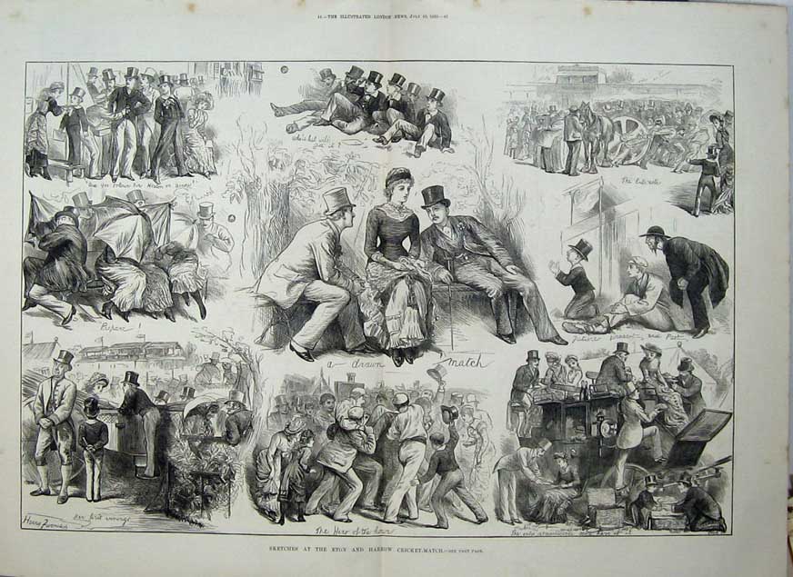 Original Old Antique Print 1880 Eton Harrow Cricket Match Men Sport Romance