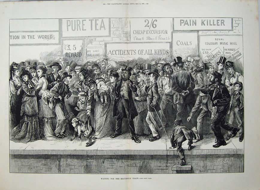 Old Antique Print 1880 Families Men Women Children Train Station Railway 19th