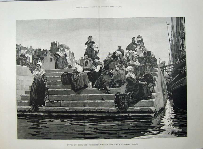 Old Antique Print 1880 Fine Art Wives Boulogne Fishermen Husbands Boats 19th