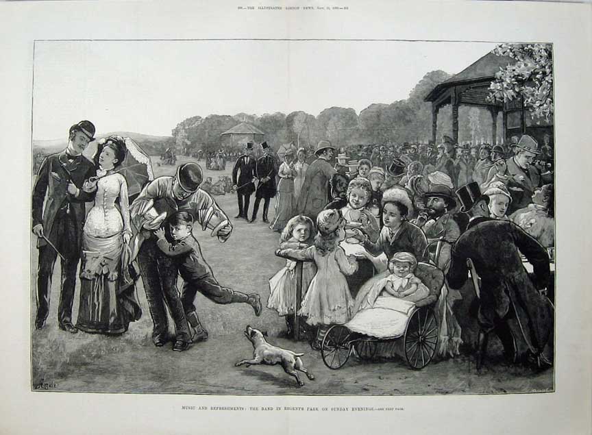 Original Old Antique Print 1880 Fine Art Music Band Regent'S Park Children Dog