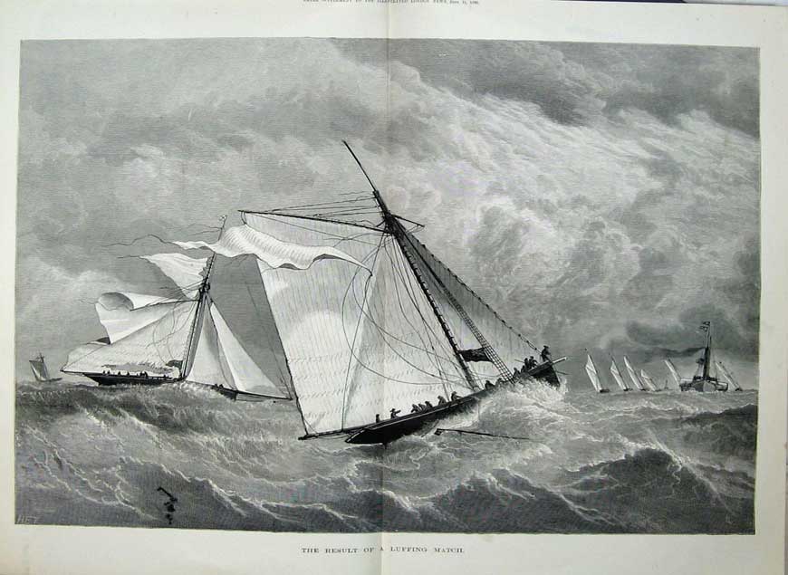 Original Old Antique Print 1880 Fine Art Sailing Ships Yacht Luffing Match Sea