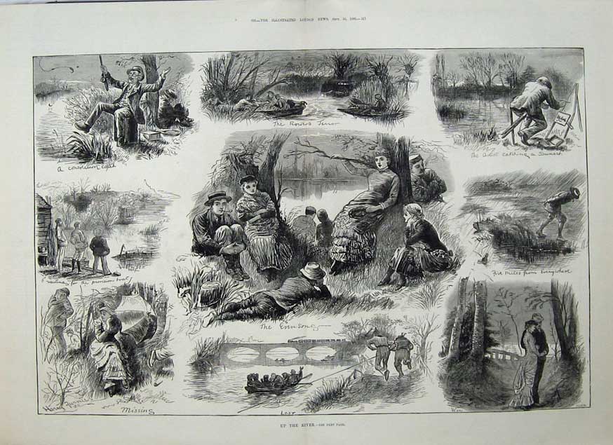 Original Old Antique Print 1880 River Children Romance Boat Fishing Artist