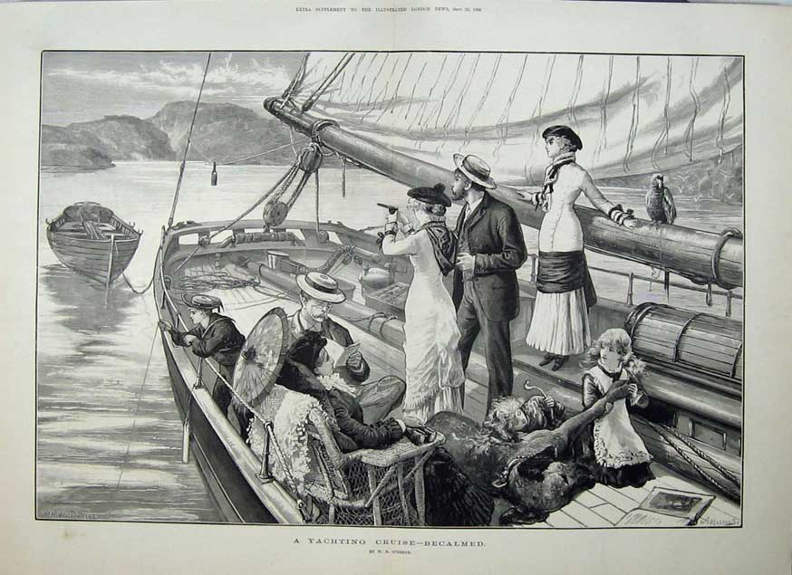 Old Antique Print 1880 Yachting Cruise Sailing Families Children Overend 19th