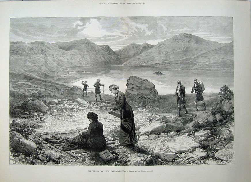 Old Antique Print 1880 Mountains Queen Loch Callater Scotland Loch Boats 19th
