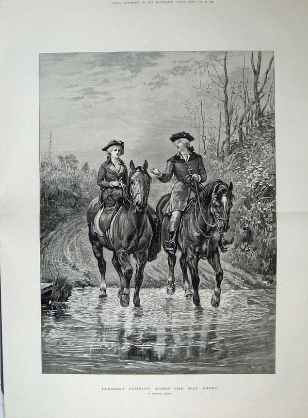 Old Antique Print 1880 Country Scene Man Woman Romance Horses Hardy Art 19th