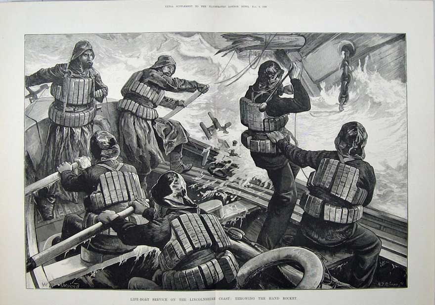 Old Antique Print Life Boat Lincolnshire 1880 Men Throwing Hand Rocket 19th