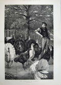 Old Antique Print 1880 Fine Art Man Feeding Turkey Birds Garden Morris 19th