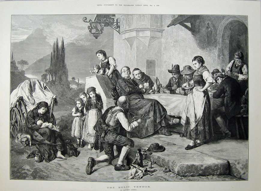 Old Antique Print 1880 Relic Vendor Men Women Children Fine Art Schmid 19th