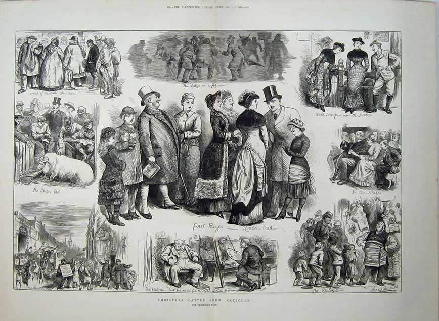 Old Antique Print 1880 Christmas Cattle Show Pig Artist Animals Judges 19th