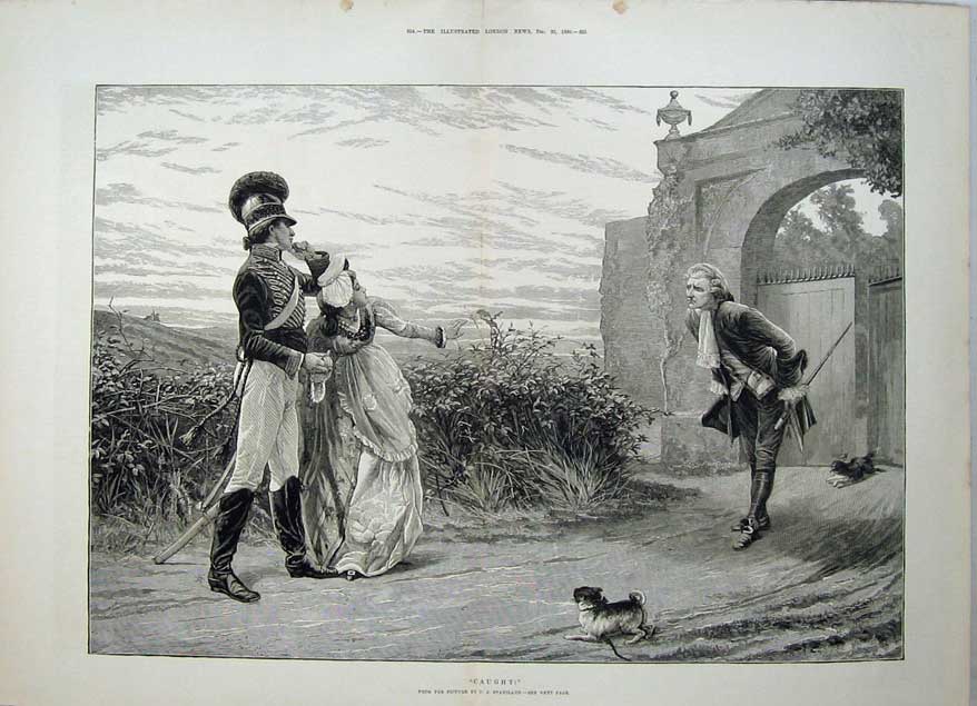 Original Old Antique Print 1880 Men Woman Romance Sier Uniform Dog Stainland