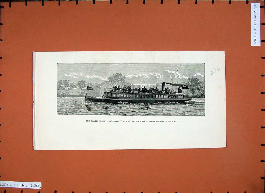 Old Antique Print 1880 Thames Screw Steam-Boat Kingstown Oxford Fine Art 19th