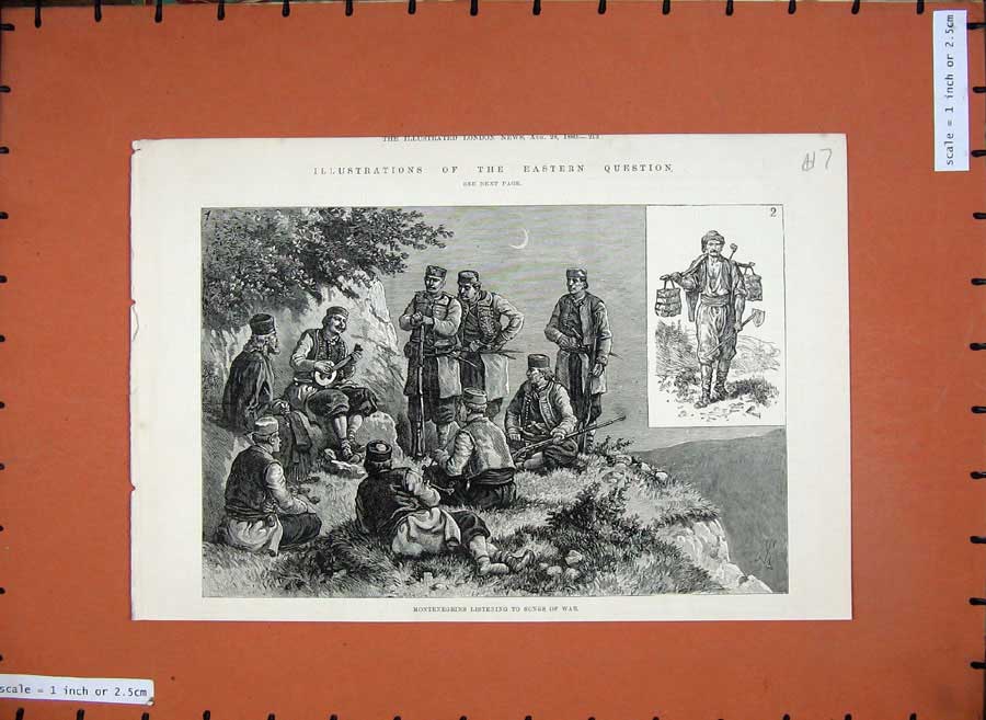 Original Old Antique Print 1880 Montenegrins Listening Songs War Music Men Art