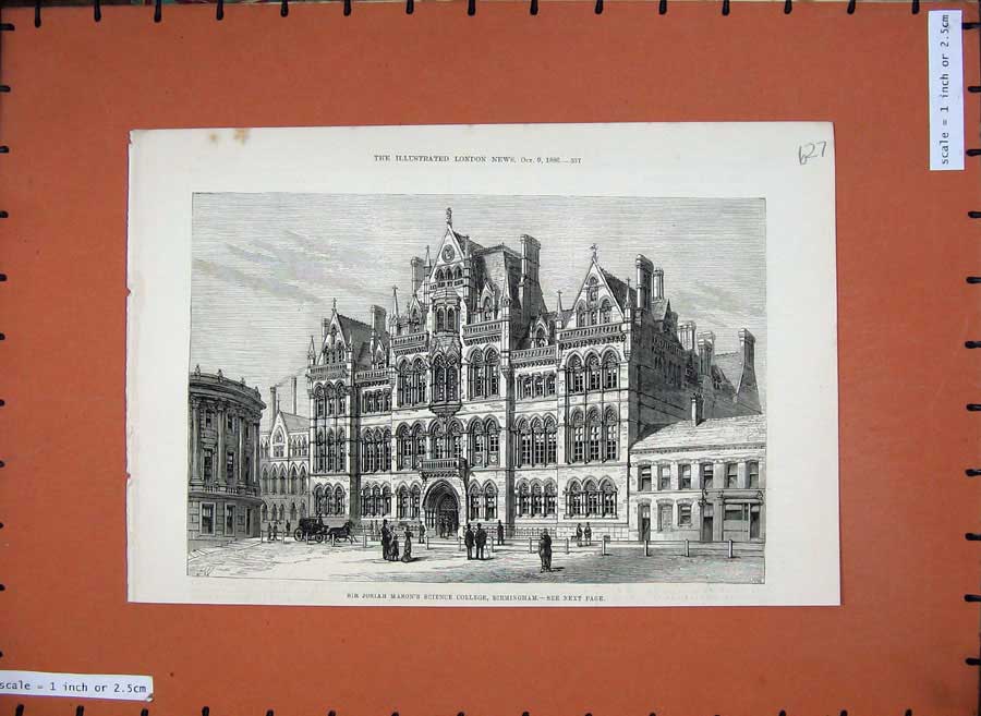 Old Antique Print 1880 Sir Josiah Mason'S Science College Birmingham Art 19th