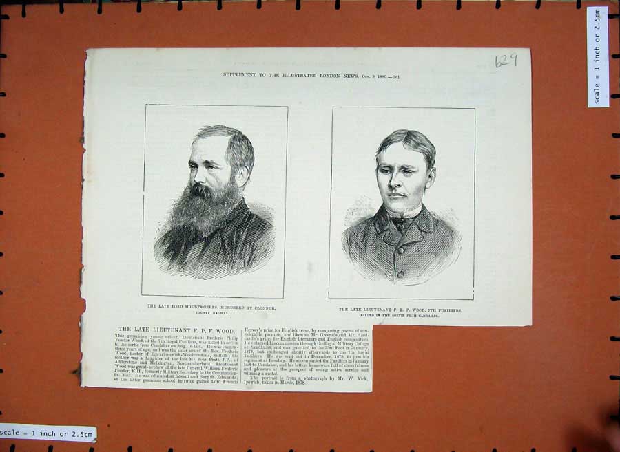 Original Old Antique Print 1880 Lord Mountmorres Lieutenant Wood Fusiliers Army