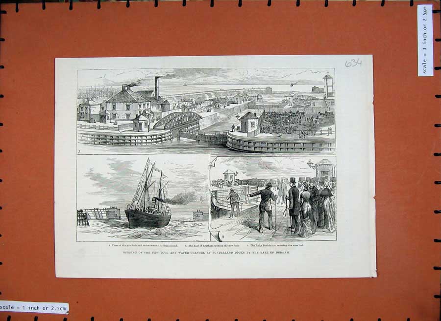 Old Antique Print 1880 Lock Water Channel Sunderland Docks Ships Durham 19th