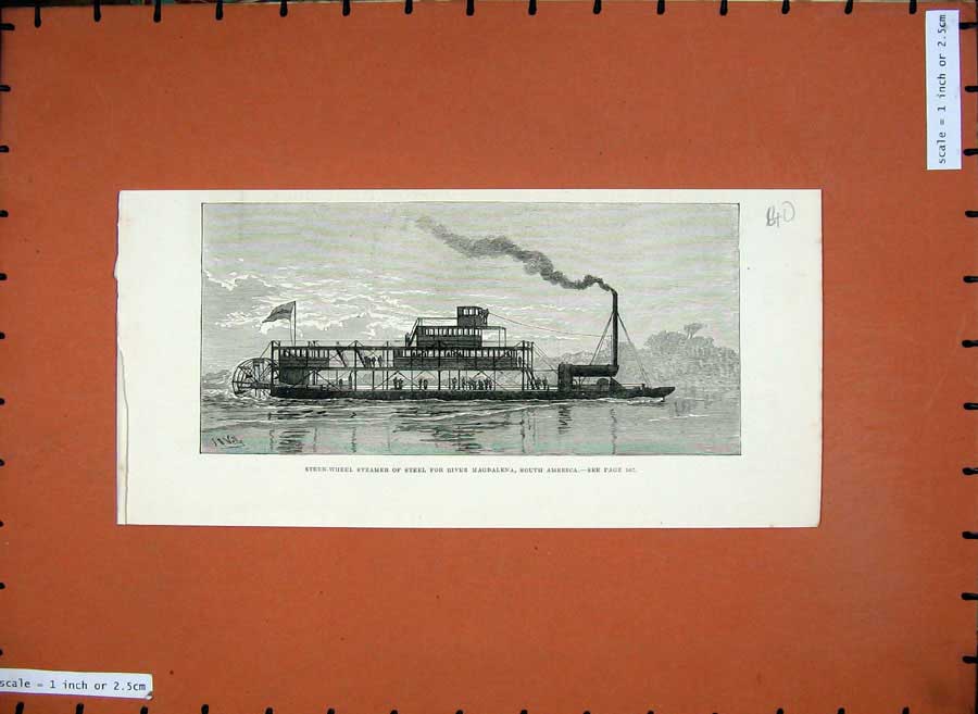Old Antique Print 1880 Stern Wheel Steamer Ship River Magdalena America 19th