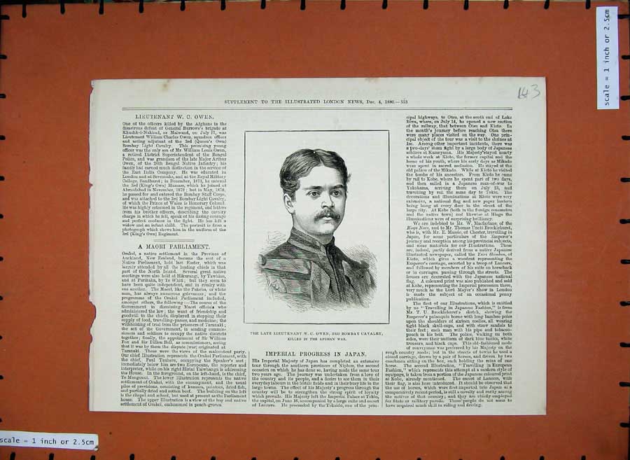 Old Antique Print 1880 Portrait Lieutenant Owen Bombay Cavlary Afghan War 19th