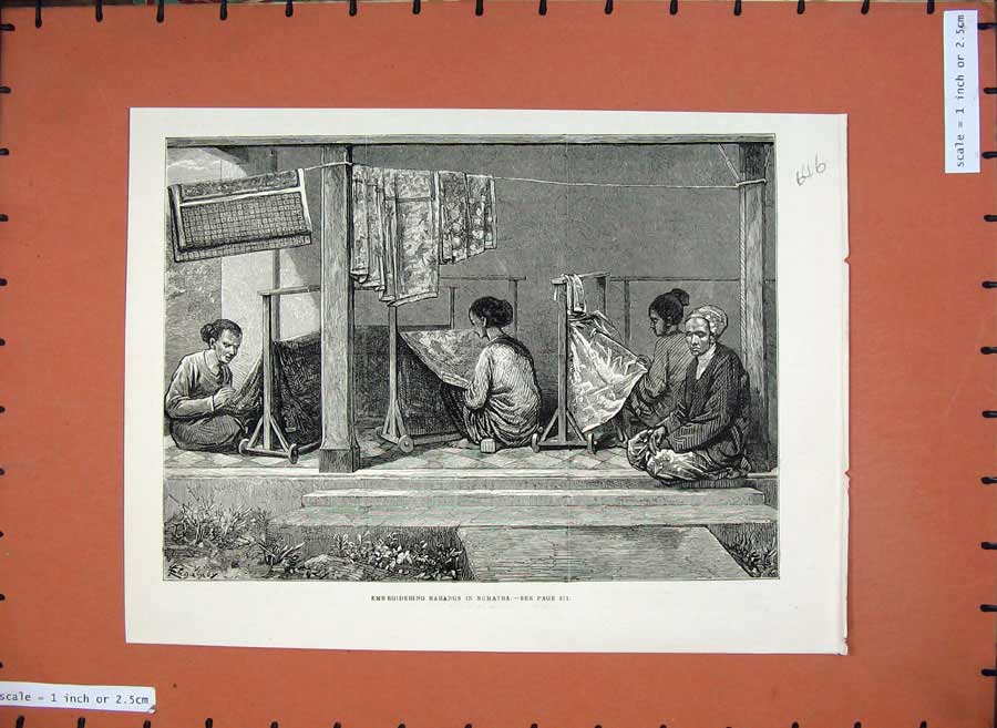 Old Antique Print 1880 Fine Art Embroidering Sarangs Sumatra Women Work 19th