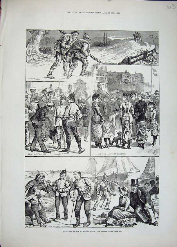 Original Old Antique Print 1881 Brighton Ta Army Volunteer Review Siers War
