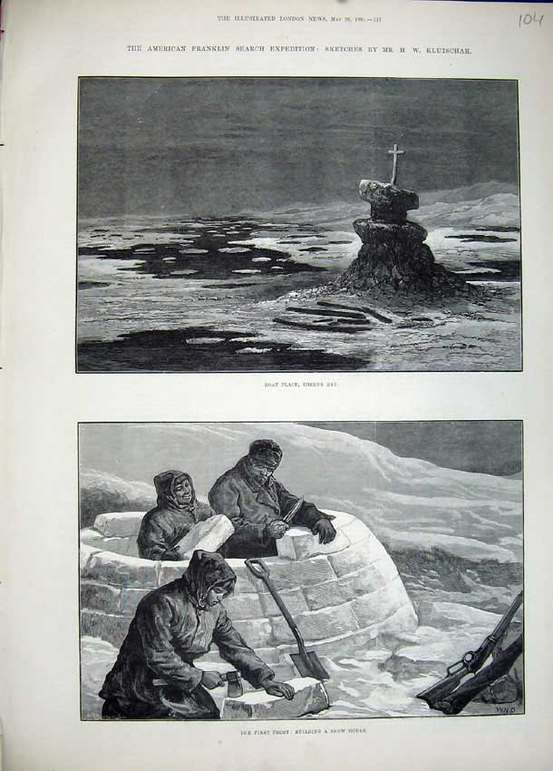 Old Antique Print 1881 American Franklin Expedition Erebus Bay Snow House 19th