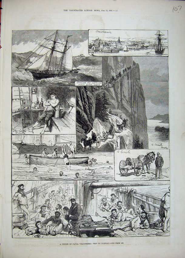 Old Antique Print 1881Ship Cruise Naval Volunteer Army Norway Christiania 19th