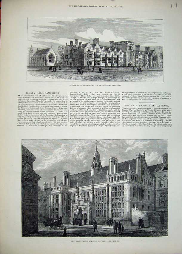 Original Old Antique Print 1881 Ridley Hall Cambridge Examination School Oxford